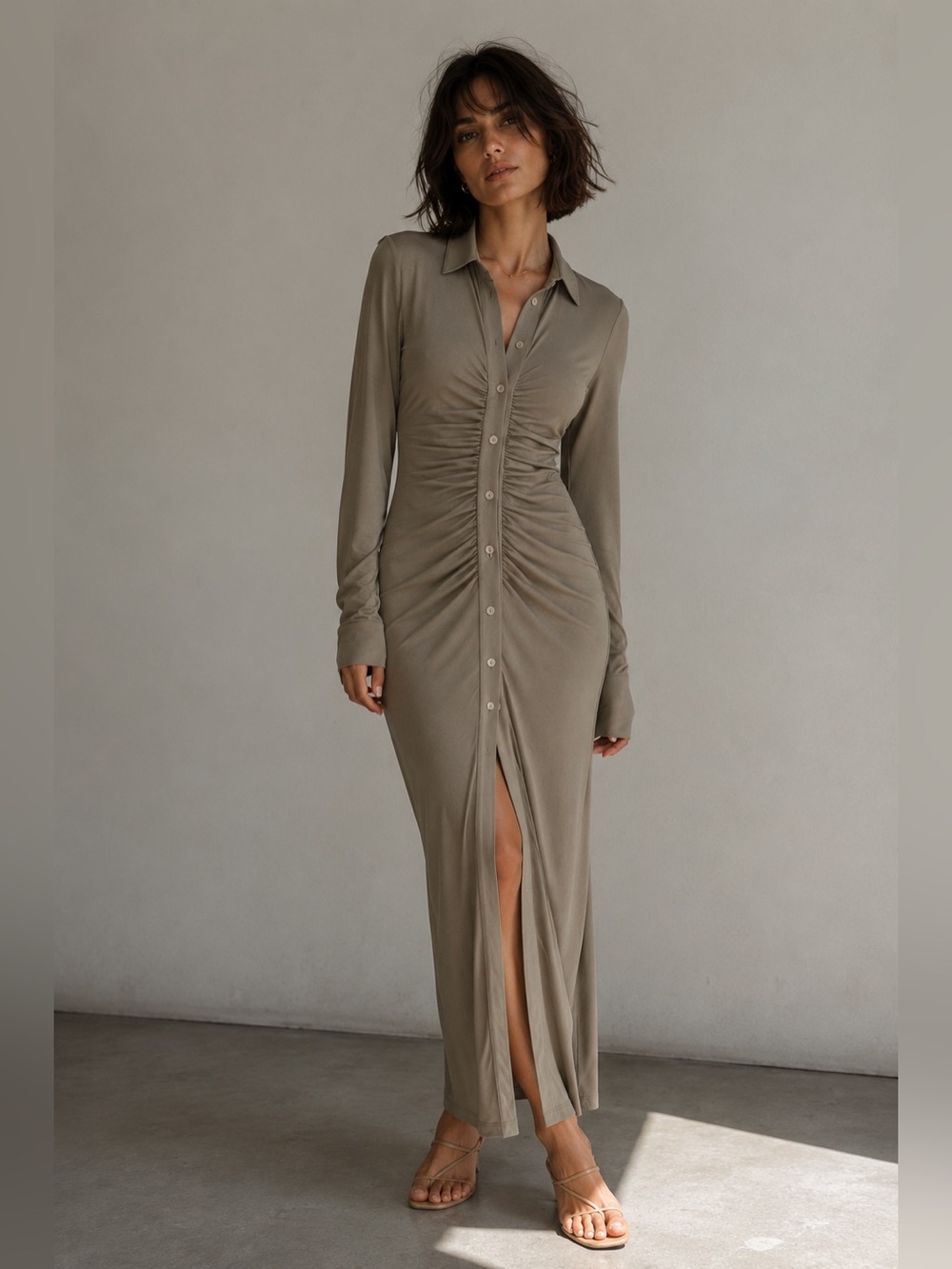 RECC Paris Made in France Ruched Button-Front Maxi Shirt Dress Size 38